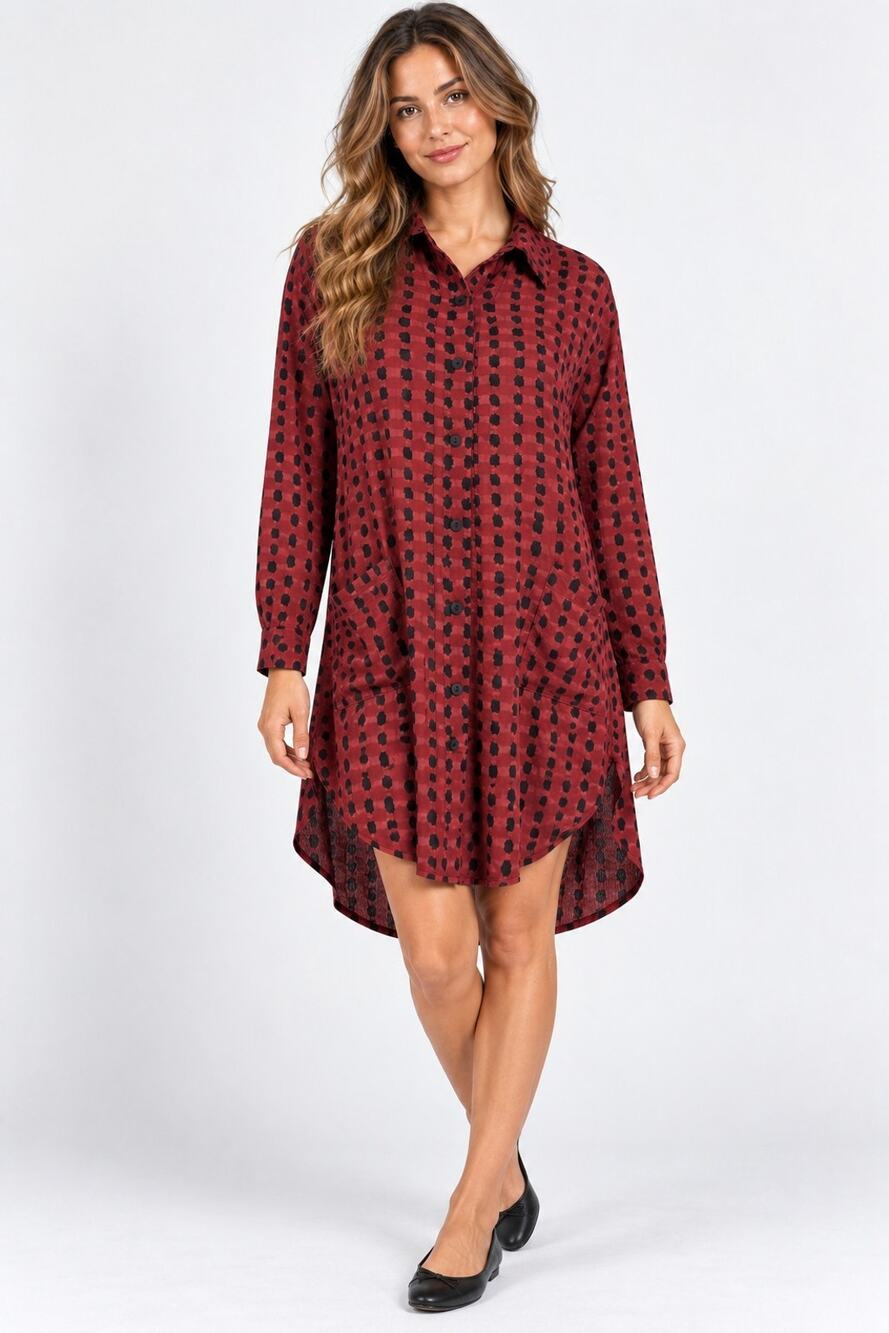 Cynthia Ashby Cotton Red Black Mini Shirt Dress Medium Lagenlook